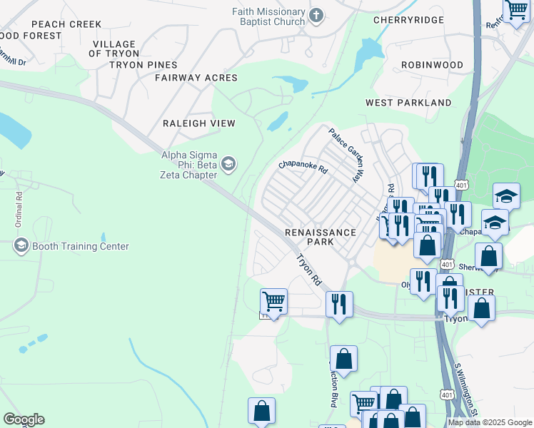 map of restaurants, bars, coffee shops, grocery stores, and more near 1140 Chapanoke Road in Raleigh