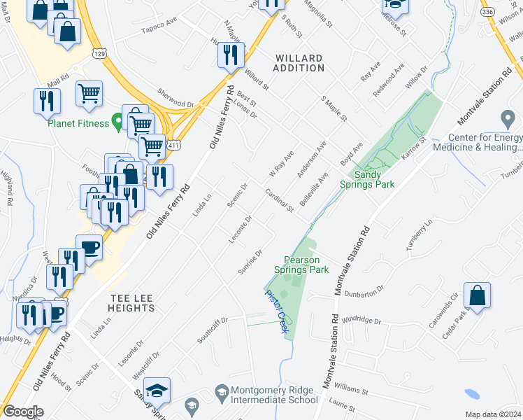 map of restaurants, bars, coffee shops, grocery stores, and more near 1516 Leconte Drive in Maryville