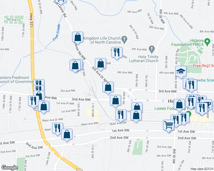 map of restaurants, bars, coffee shops, grocery stores, and more near 1017 3rd Avenue Drive Northwest in Hickory