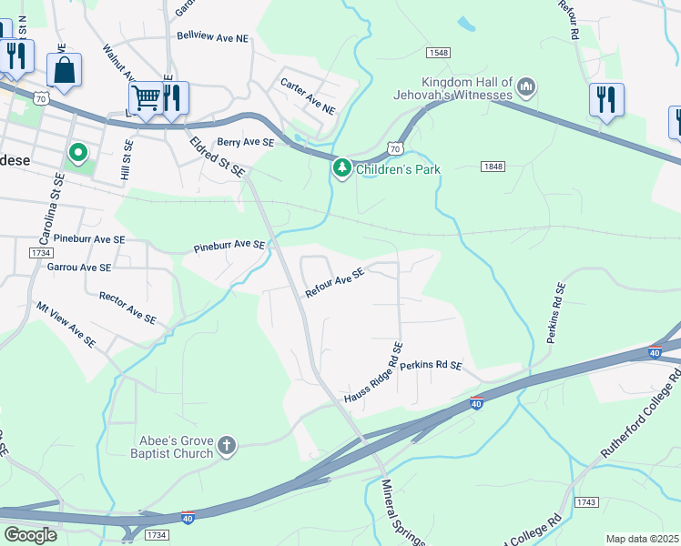 map of restaurants, bars, coffee shops, grocery stores, and more near 1109 Refour Avenue Southeast in Valdese
