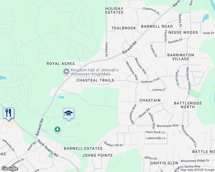 map of restaurants, bars, coffee shops, grocery stores, and more near 5600 Quitman Trail in Raleigh