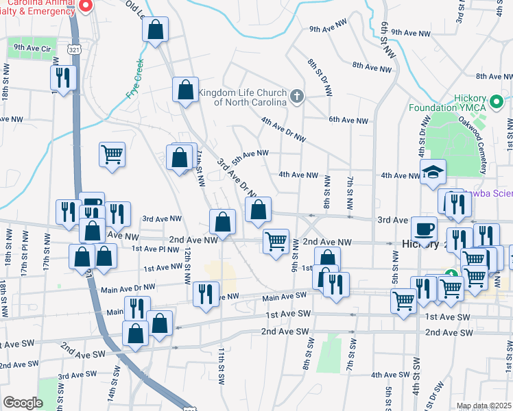 map of restaurants, bars, coffee shops, grocery stores, and more near 1017 3rd Avenue Drive Northwest in Hickory