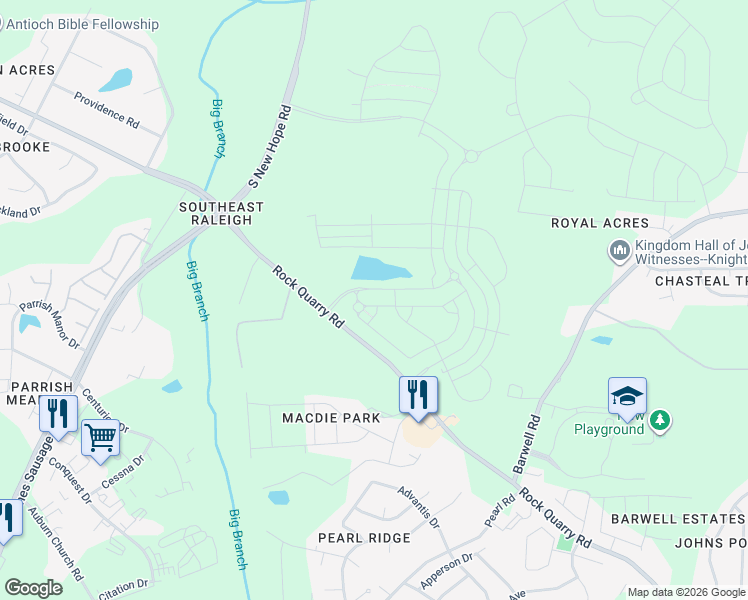 map of restaurants, bars, coffee shops, grocery stores, and more near 5125 Rock Quarry Road in Raleigh