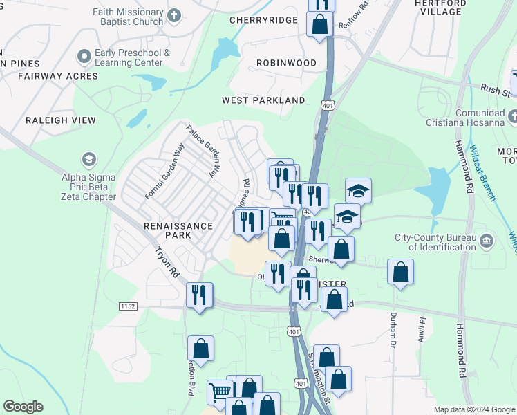 map of restaurants, bars, coffee shops, grocery stores, and more near 1303 Ileagnes Road in Raleigh
