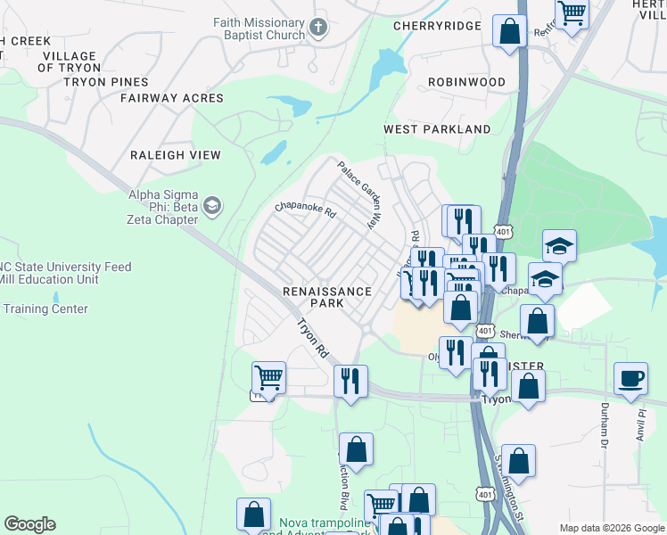 map of restaurants, bars, coffee shops, grocery stores, and more near 1352 Palace Garden Way in Raleigh