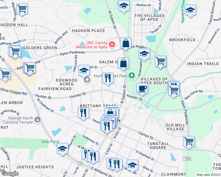 map of restaurants, bars, coffee shops, grocery stores, and more near 204 Hunter Street in Apex