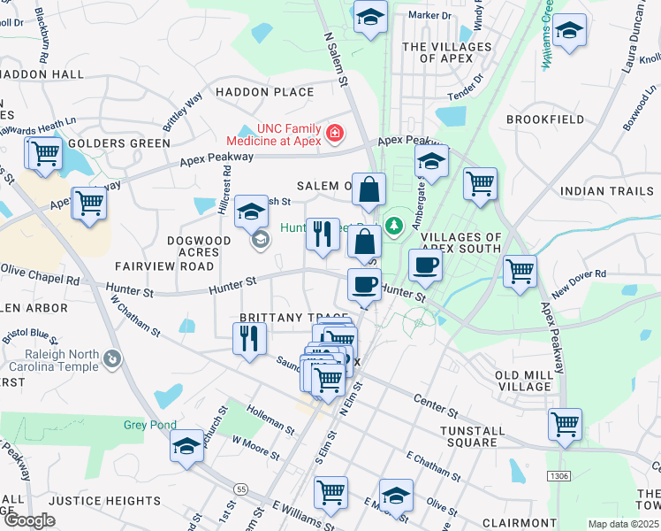 map of restaurants, bars, coffee shops, grocery stores, and more near 204 Hunter Street in Apex