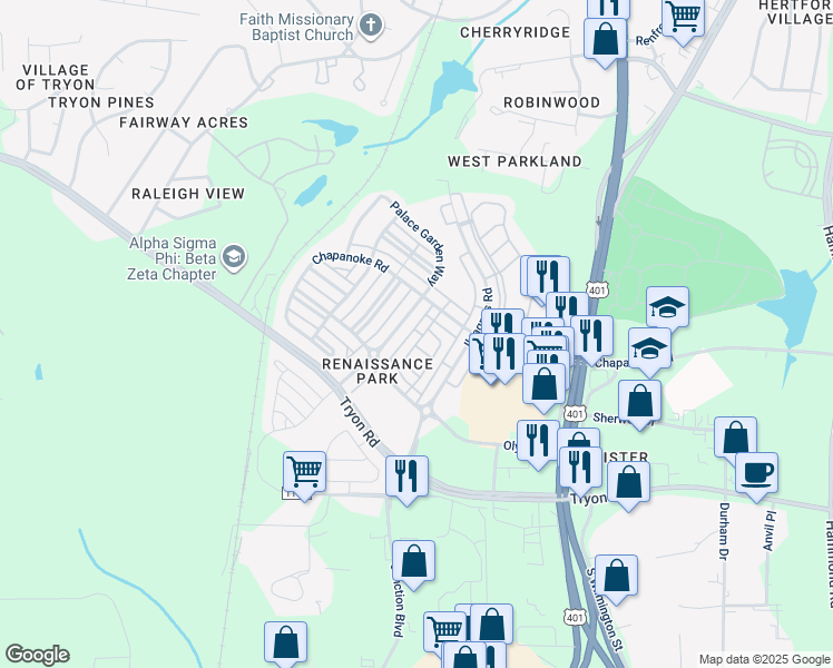 map of restaurants, bars, coffee shops, grocery stores, and more near 1320 Regulator Street in Raleigh