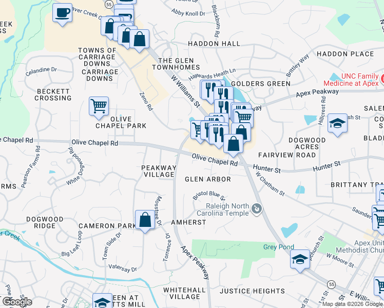map of restaurants, bars, coffee shops, grocery stores, and more near 1014 Olive Chapel Road in Apex