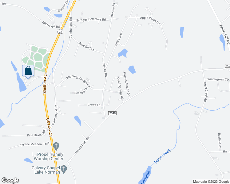map of restaurants, bars, coffee shops, grocery stores, and more near Shadow Woods Road in Statesville