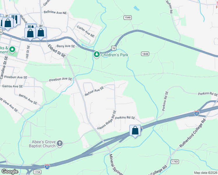 map of restaurants, bars, coffee shops, grocery stores, and more near 1120 Refour Avenue Southeast in Valdese