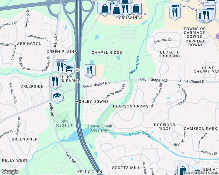 map of restaurants, bars, coffee shops, grocery stores, and more near 1506 Ashley Downs Drive in Apex