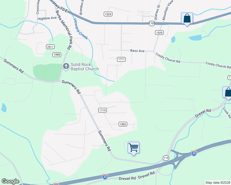 map of restaurants, bars, coffee shops, grocery stores, and more near 2681 Holly Hills Drive in Valdese