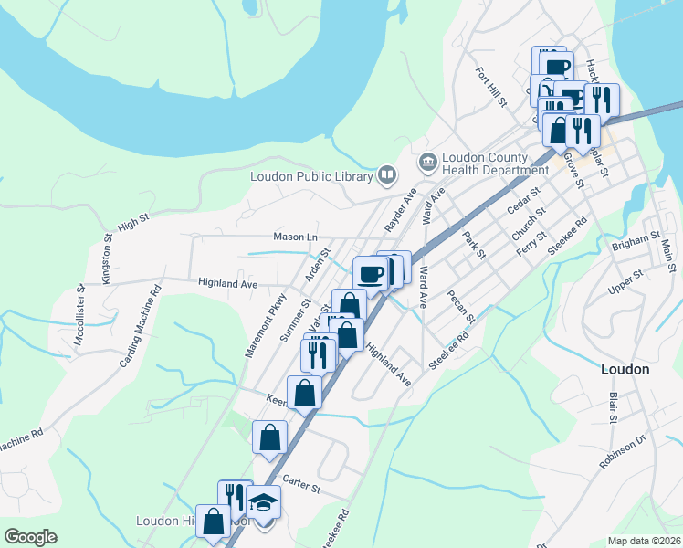 map of restaurants, bars, coffee shops, grocery stores, and more near 827 Vale Street in Loudon