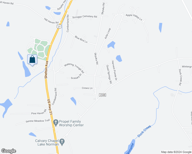map of restaurants, bars, coffee shops, grocery stores, and more near 104 Shadow Woods Road in Statesville