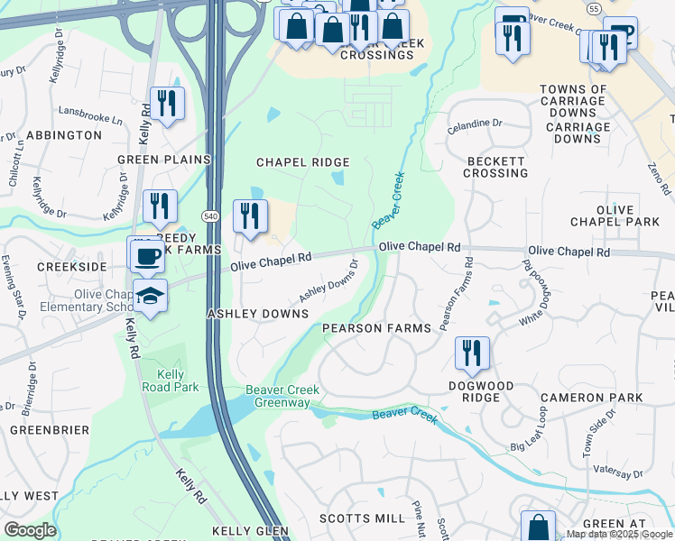 map of restaurants, bars, coffee shops, grocery stores, and more near 1003 Tribble Gate Court in Apex
