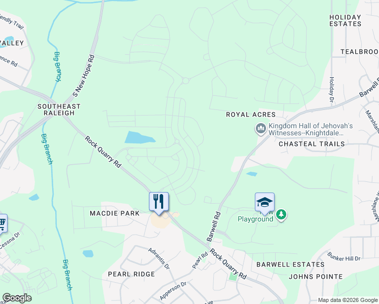 map of restaurants, bars, coffee shops, grocery stores, and more near 5325 Rock Quarry Road in Raleigh