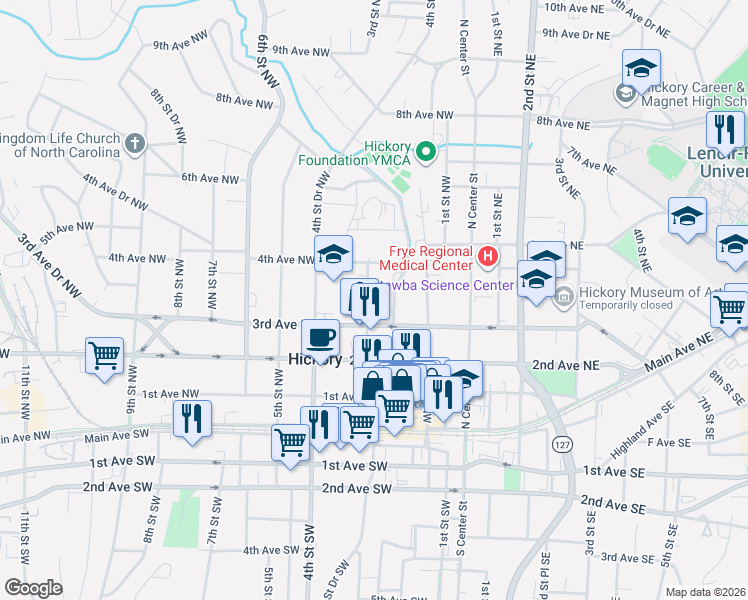 map of restaurants, bars, coffee shops, grocery stores, and more near 270 3rd Avenue Northeast in Hickory