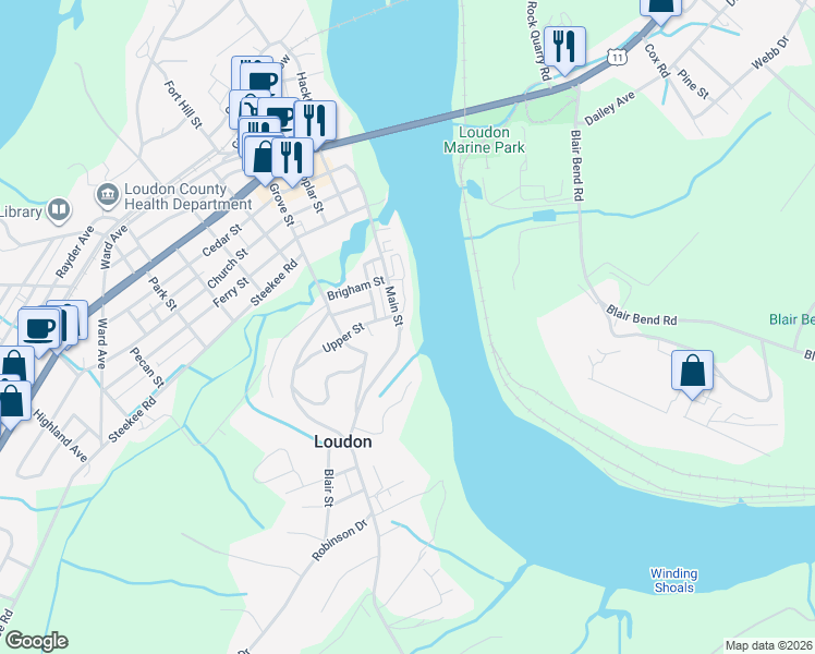 map of restaurants, bars, coffee shops, grocery stores, and more near 1207 Main Street in Loudon