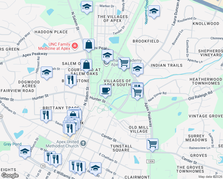 map of restaurants, bars, coffee shops, grocery stores, and more near 559 Grand Central Station in Apex