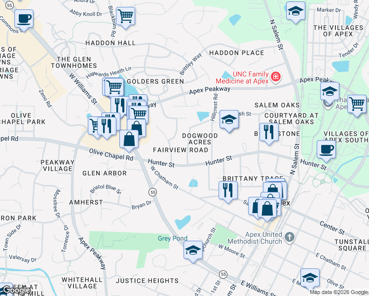 map of restaurants, bars, coffee shops, grocery stores, and more near 404 Fairview Road in Apex