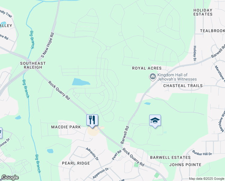 map of restaurants, bars, coffee shops, grocery stores, and more near 5325 Rock Quarry Road in Raleigh