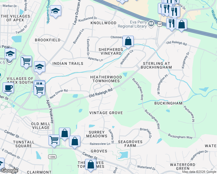 map of restaurants, bars, coffee shops, grocery stores, and more near 1007 Mondavi Place in Apex