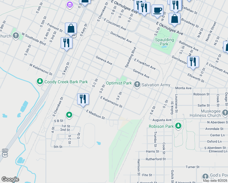 map of restaurants, bars, coffee shops, grocery stores, and more near 934 South E Street in Muskogee