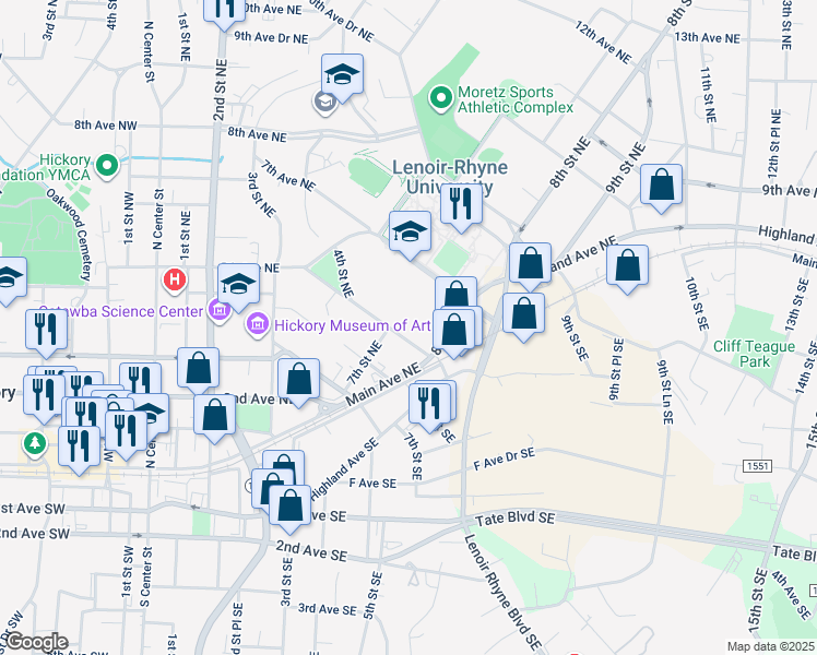 map of restaurants, bars, coffee shops, grocery stores, and more near 717 5th Avenue Northeast in Hickory