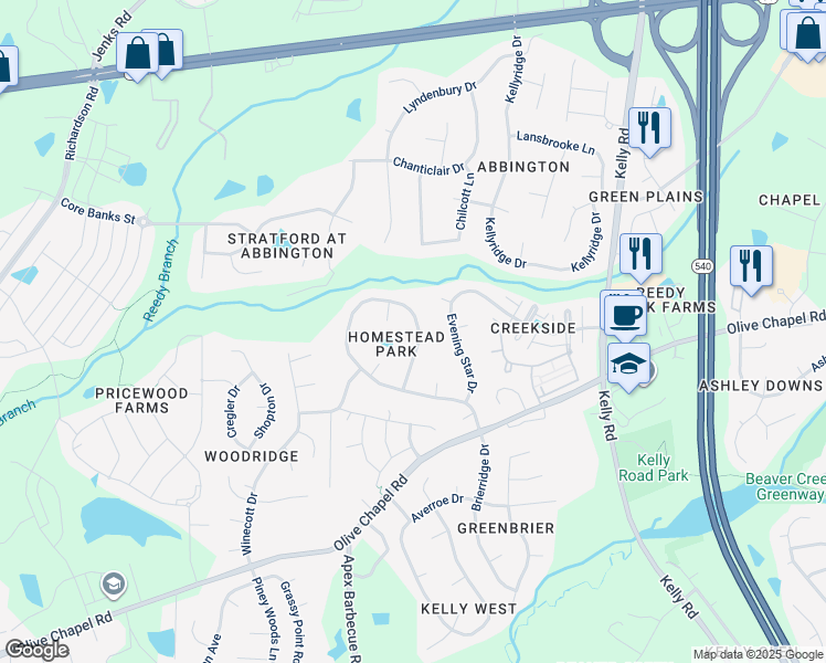 map of restaurants, bars, coffee shops, grocery stores, and more near 921 Homestead Park Drive in Apex