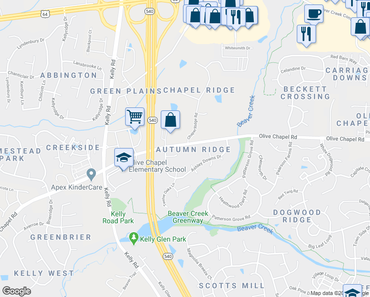 map of restaurants, bars, coffee shops, grocery stores, and more near 1521 Olive Chapel Road in Apex
