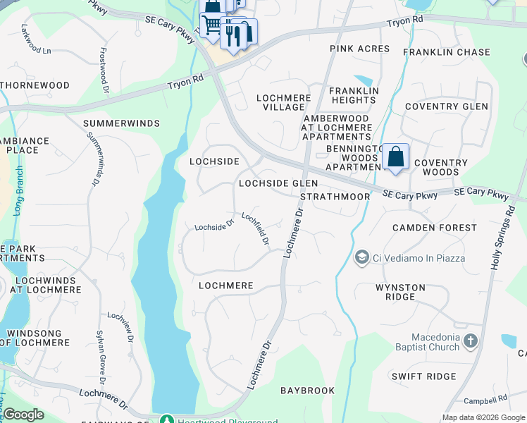 map of restaurants, bars, coffee shops, grocery stores, and more near 104 Turnberry Lane in Cary