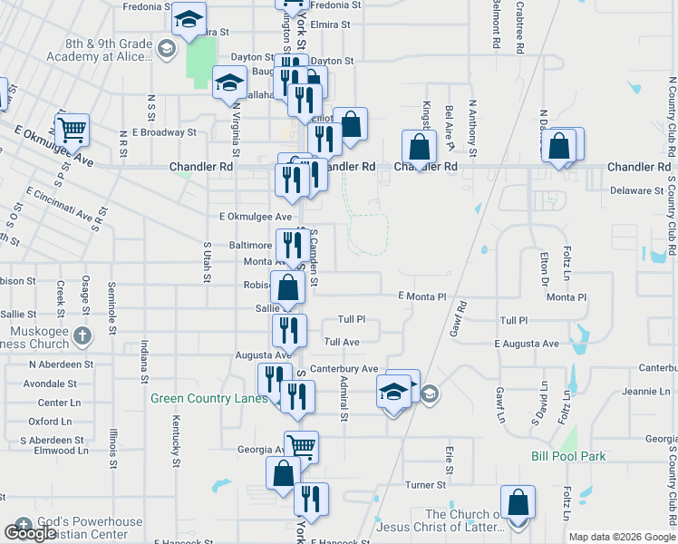 map of restaurants, bars, coffee shops, grocery stores, and more near 2605 Monta Avenue in Muskogee