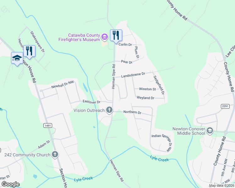 map of restaurants, bars, coffee shops, grocery stores, and more near 1802 Ranchland Drive Northwest in Conover