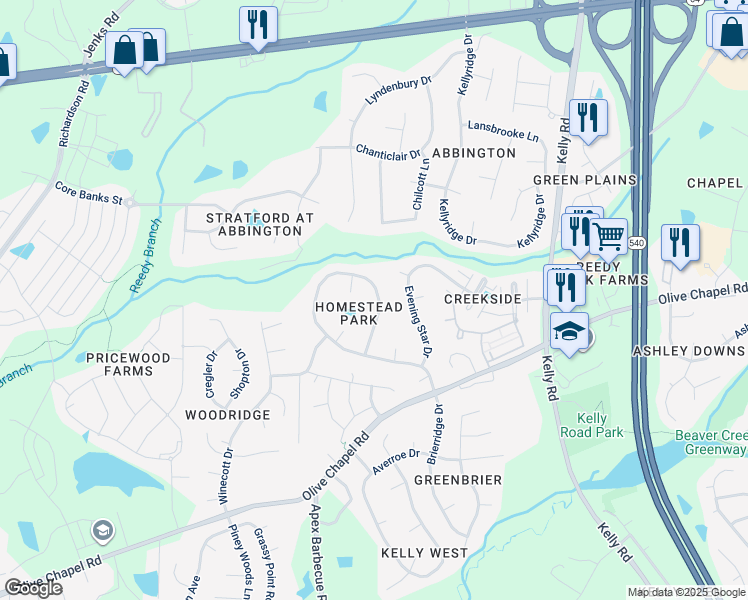 map of restaurants, bars, coffee shops, grocery stores, and more near 921 Homestead Park Drive in Apex