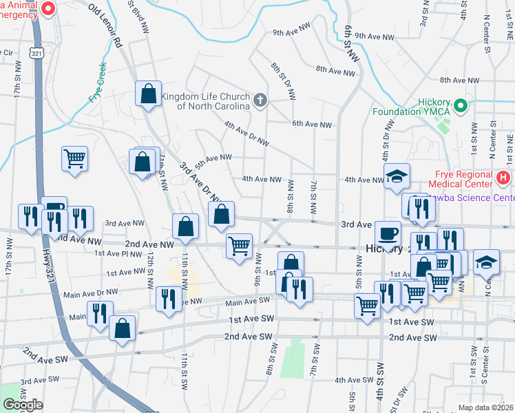 map of restaurants, bars, coffee shops, grocery stores, and more near 321 9th Street Northwest in Hickory