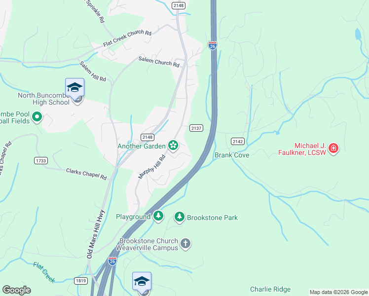 map of restaurants, bars, coffee shops, grocery stores, and more near 60 Gaddy Road in Weaverville