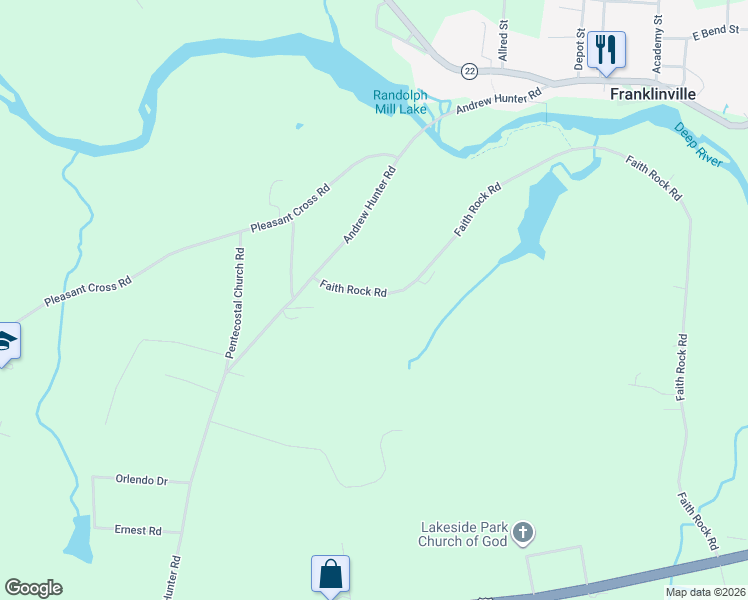 map of restaurants, bars, coffee shops, grocery stores, and more near 1061 Faith Rock Road in Franklinville
