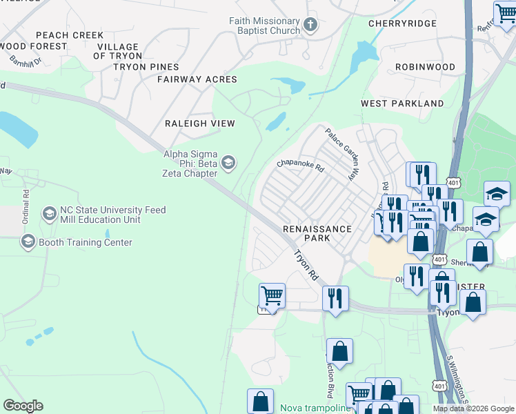 map of restaurants, bars, coffee shops, grocery stores, and more near 1148 Chapanoke Road in Raleigh