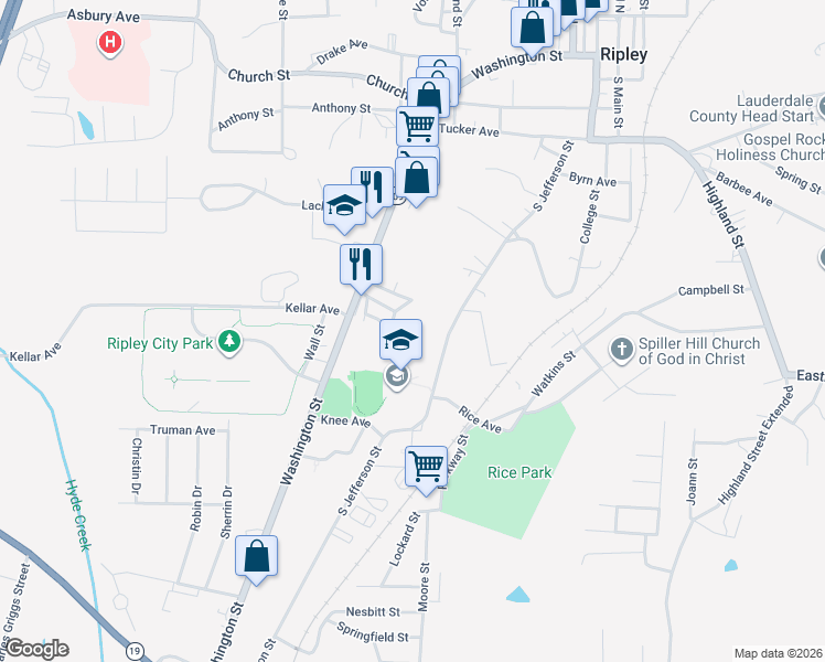 map of restaurants, bars, coffee shops, grocery stores, and more near 215 Conner Circle in Ripley