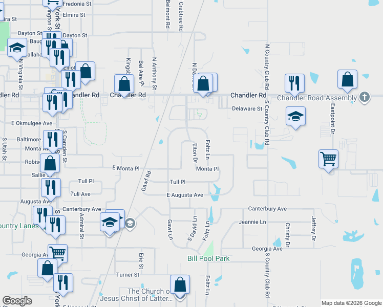 map of restaurants, bars, coffee shops, grocery stores, and more near 206 Crabtree Road in Muskogee