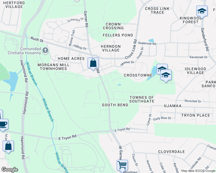 map of restaurants, bars, coffee shops, grocery stores, and more near 3228 Garner Road in Raleigh