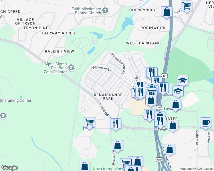 map of restaurants, bars, coffee shops, grocery stores, and more near 1352 Palace Garden Way in Raleigh
