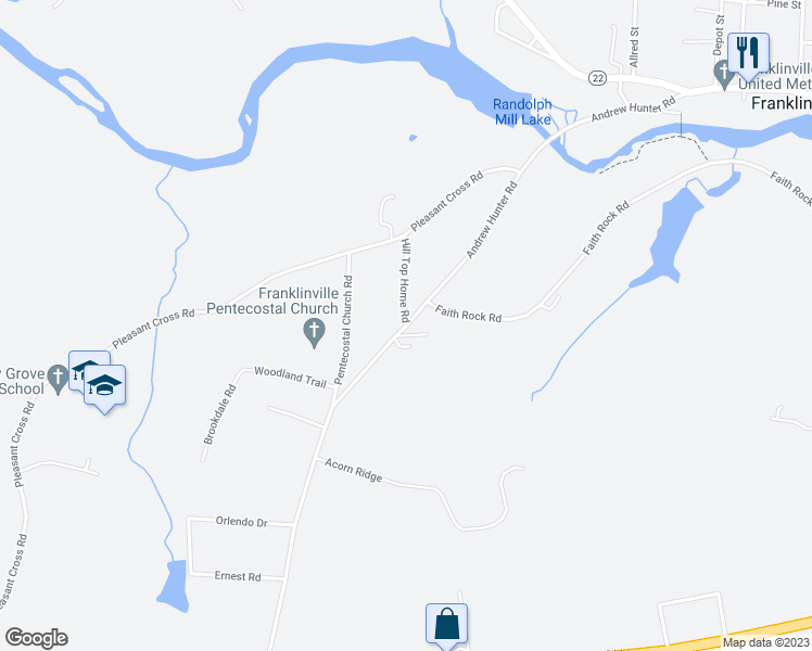 map of restaurants, bars, coffee shops, grocery stores, and more near Andrew Hunter Road in Franklinville