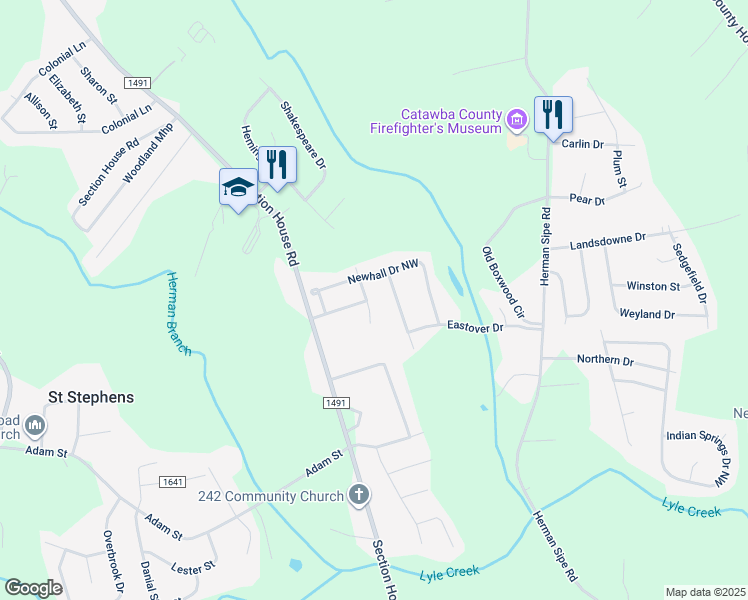 map of restaurants, bars, coffee shops, grocery stores, and more near 3938 Hemingway Drive in Hickory