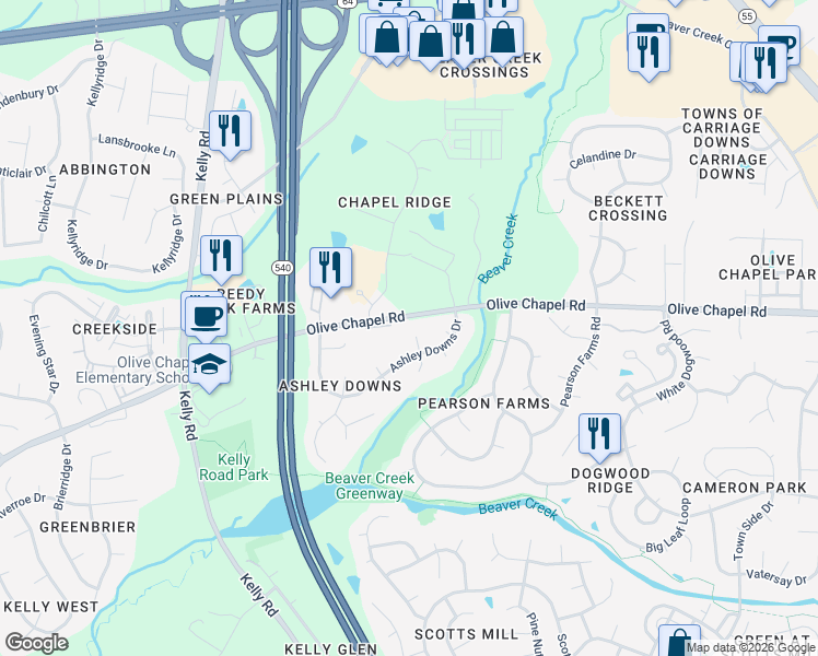 map of restaurants, bars, coffee shops, grocery stores, and more near 1404 Ashley Downs Drive in Apex
