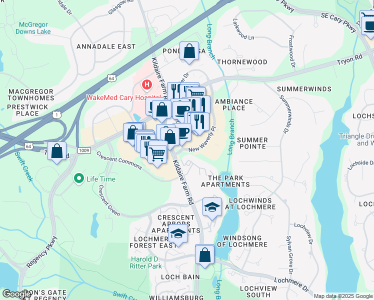 map of restaurants, bars, coffee shops, grocery stores, and more near 102 New Waverly Place in Cary