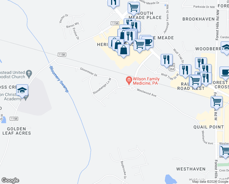 map of restaurants, bars, coffee shops, grocery stores, and more near 3721 Stonehenge Lane West in Wilson
