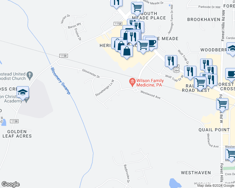 map of restaurants, bars, coffee shops, grocery stores, and more near Banbury Lane West in Wilson