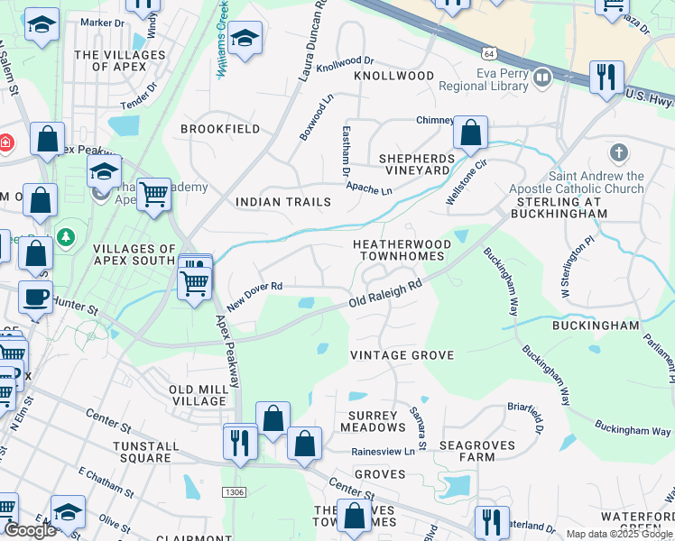map of restaurants, bars, coffee shops, grocery stores, and more near 3002 Elmstead Court in Apex